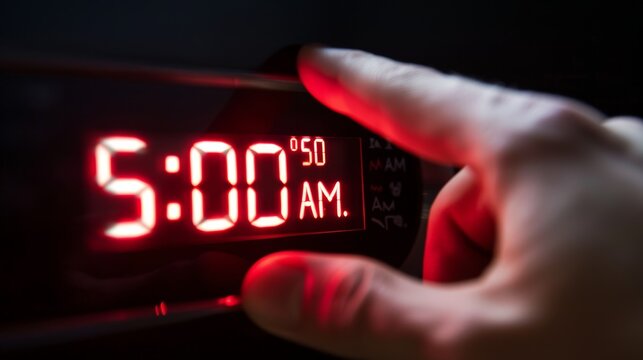 A hand reaching out to press the snooze button on a digital alarm clock with glaring red digits reading "5:00 AM." - Powered by Adobe