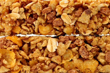 protein bar isolated on white background, mixture of grains and chocolate, snack high in fiber and protein, diet food.