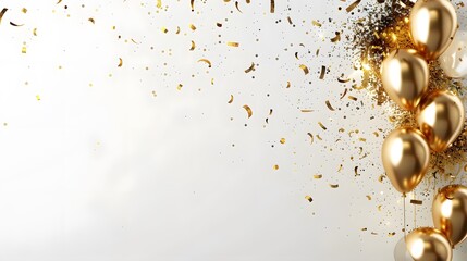 Gold fireworks abstract background, with shiny falling confetti and balloon on a white background. Party and celebration space for copy on the left. For Festivals, holidays, Design, Background, Cover,