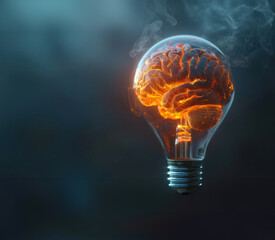 Illuminated Light Bulb With Glowing Brain Inside