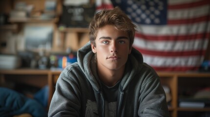 Portrait of a young man in front of the American flag
