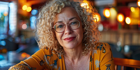 Obraz premium portrait of a beautiful senior woman with curly blonde hair and glasses smiling, generative AI