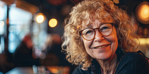 portrait of a beautiful senior woman with curly blonde hair and glasses smiling, generative AI - obrazy, fototapety, plakaty