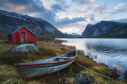 Beautiful landscape photo of Norway, small red house on the shore and rowboat in front of it. Ai generated