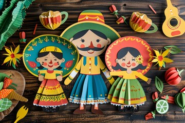 Stylized flatlay of a paper cut family celebrating Cinco de Mayo with traditional attire 