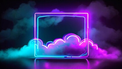 Blue and Purple Neon Light with Cloud Formation. Square shaped Fluorescent Frame in Dark Environment.