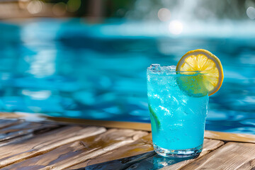 blue lagoon cocktail on a wooden table near swimming pool