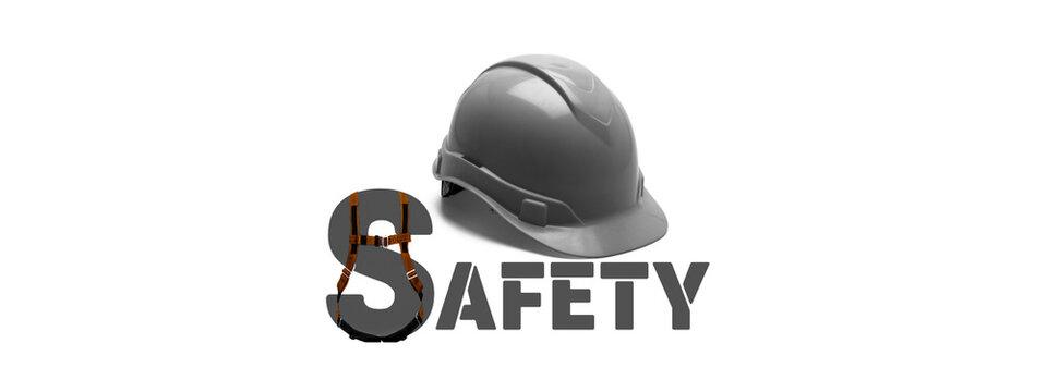 Safety banner with Safety helmet and body harness, multicolor background, Safety banner, safety slogan, safety champion background images, construction safety, factory safety 