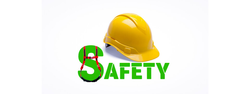 Safety banner with Safety helmet and body harness, multicolor background, Safety banner, safety slogan, safety champion background images, construction safety, factory safety 