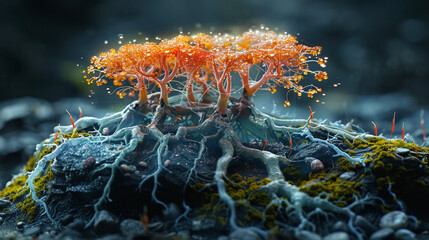 Orange lichen adds a splash of color to a rocky seascape - obrazy, fototapety, plakaty
