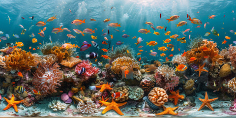 underwater sea  with clear blue water with sunlight, 
 coral reef teeming with colorful fish and starfish, showcasing the beauty of marine life. 