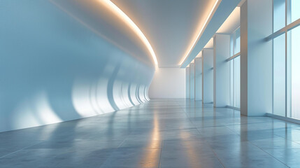 Modern light blue interior walls with built-in lighting and polished flooring design. - obrazy, fototapety, plakaty