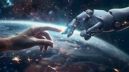 A human hand and a robot about to engage in a touch, partnership and teamwork in synergy, collaboration with machine learning and artificial intelligence, innovation in tech and advancement in cyber
