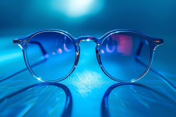 A pair of designer glasses showcased under dramatic, bright studio lights  isolated against a sky blue background. - obrazy, fototapety, plakaty
