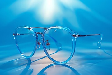A pair of designer glasses showcased under dramatic, bright studio lights  isolated against a sky blue background.