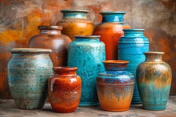 A set of artisanal pottery in a vividly colored, studio photography composition  isolated against a terra cotta background.