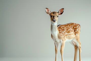 Graceful deer posed in an avant-garde, studio-lit fashion photography, isolated against a pure grey background.