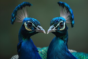 Majestic peacocks strutting in a high fashion, studio-lit setting, isolated against a rich green solid background.