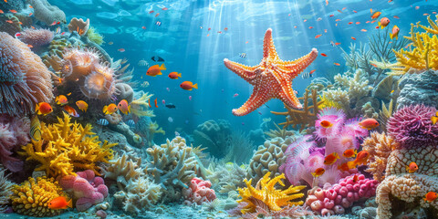 Fototapeta na wymiar underwater sea with clear blue water with sunlight, coral reef teeming with colorful fish and starfish, showcasing the beauty of marine life. 