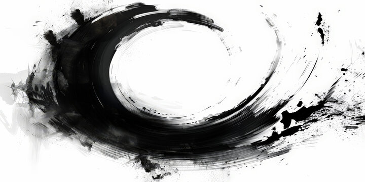 Abstract black brush strokes in a circular shape isolated on a white background, black brush stroke zen