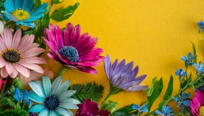 flowers arranged against a cheerful yellow background, forming an abstract and eye-catching natural floral frame. Wallpaper texture invite  - obrazy, fototapety, plakaty