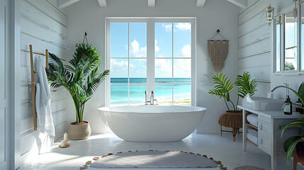 Wide-angle shot of a coastal-inspired bathroom with beachy decor, modern interior design, scandinavian style hyperrealistic photography