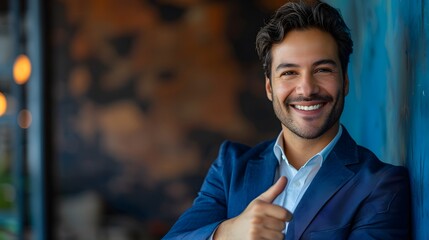 A man, handsome, confident and positive expression, smiles, isolated on a blue empty background, pointing to the side with his finger, show concept, idea, success. - obrazy, fototapety, plakaty