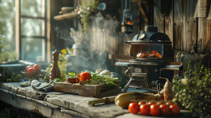 Rustic wooden table displaying a vegetable salad.





