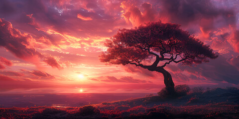 acacia tree at sunrise.  generative ai 