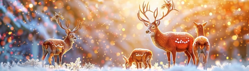 A family of deer standing in a snowy forest. The sun is shining through the trees.