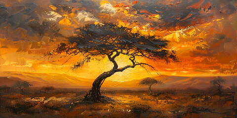 acacia tree at sunrise.  generative ai  - obrazy, fototapety, plakaty