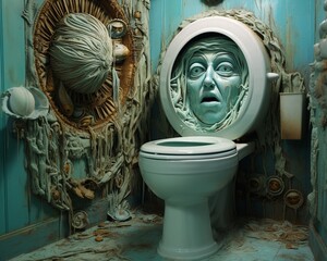 Eccentric toilet scene with a reading sculpture, contemporary art influence  ,3DCG,high resulution,clean sharp focus