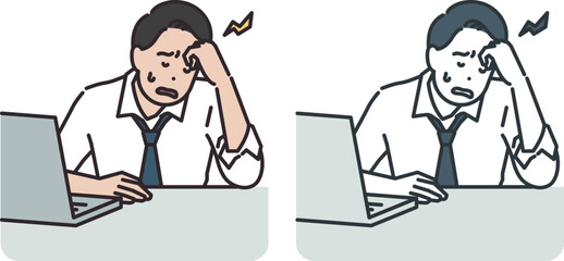 Man complaining of headache in front of laptop