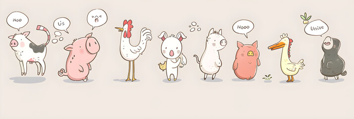 A Comic Illustration of Farm Animals and Their Associated Sounds