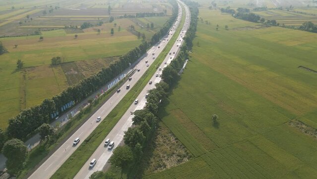 Aerial View of the Cipali Toll Road which implements contra flow during the Lebaran Homecoming (Mudik Lebaran)