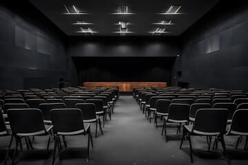  Empty lecture hall with dark walls background and chairs design. 