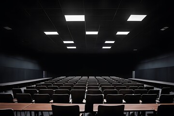  Empty lecture hall with dark walls background and chairs design. 