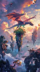 Capture the majestic beauty of a dragon soaring through a vibrant sky, surrounded by floating islands in a surreal artwork blending environmental elements in the style of magical realism - obrazy, fototapety, plakaty