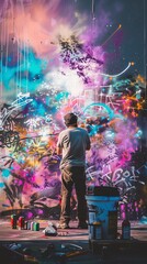 Depict a graffiti artist creating a stunning mural on a blank wall, incorporating glitch art elements to symbolize the fusion of creativity and technology in a modern urban environment