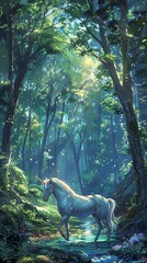 Illustrate a whimsical forest scene where unicorns roam freely among towering trees and sparkling streams, viewed from a dramatic tilted angle to enhance the enchanting atmosphere of the setting
