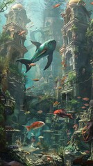 Fototapeta na wymiar Imagine a underwater world where mermaids gracefully interact with colorful marine life amidst ancient ruins, all depicted in a dreamy surrealism art style that merges environmental backdrops with myt