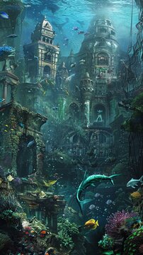 Imagine a underwater world where mermaids gracefully interact with colorful marine life amidst ancient ruins, all depicted in a dreamy surrealism art style that merges environmental backdrops with myt