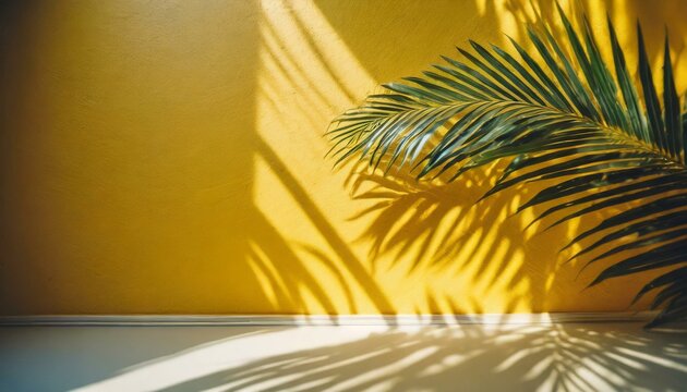 minimalist abstract background featuring a blurred shadow cast by palm leaves on a vibrant yellow wall, yellow background wallpaper texture