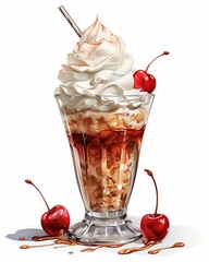 A classic American treat traditionally topped with whipped cream, chopped nuts, and a maraschino cherry  - obrazy, fototapety, plakaty