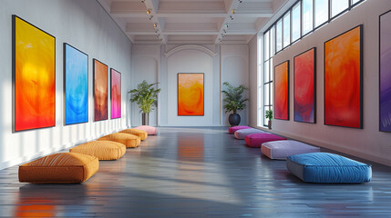  A large art gallery showcasing a number of vibrant pop art works with a mockup of a blank white...