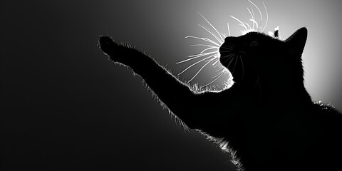 Black cat reaching up for toy and showing its claws silhouette. generative ai 