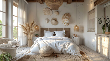 Wide-angle shot of a coastal-themed guest room with seashell decor, modern interior design, scandinavian style hyperrealistic photography - obrazy, fototapety, plakaty