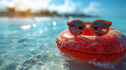 Sunglasess and Red Float on a Beach