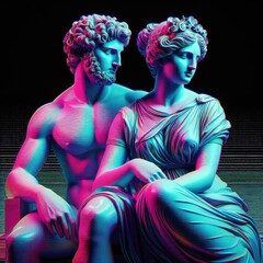 Men and women, classic antique bust faces in neon colours. Couple lovers in vaporwave style. Template surreal poster, cover, sticker, postcard.