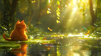 Whimsical Feline Fishing Adventure in Lush Summertime Scenery - obrazy, fototapety, plakaty